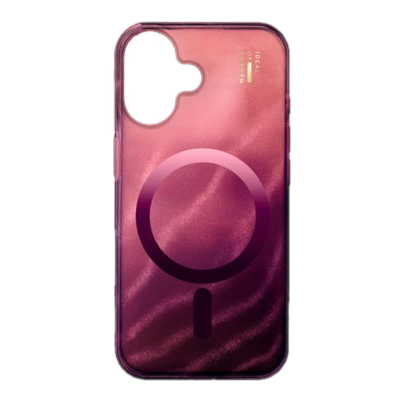 Eine rosa Handyhülle mit einem kreisförmigen magnetischen Ladebereich. Die Hülle hat ein glänzendes Finish und die Aufschrift 'Ideal of Sweden'.