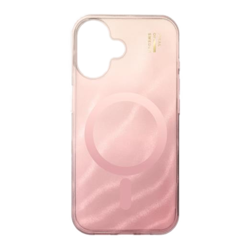 Eine transparente Handyhülle mit rosa Farbverlauf. Sie hat ein kreisförmiges Design in der Mitte und einen Kameraausschnitt oben.