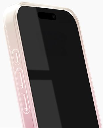 Nahaufnahme eines Smartphones in einer transparenten, rosa getönten Hülle. Der Bildschirm ist schwarz, mit einem Kameraausschnitt oben. Die Hülle hat Knöpfe.
