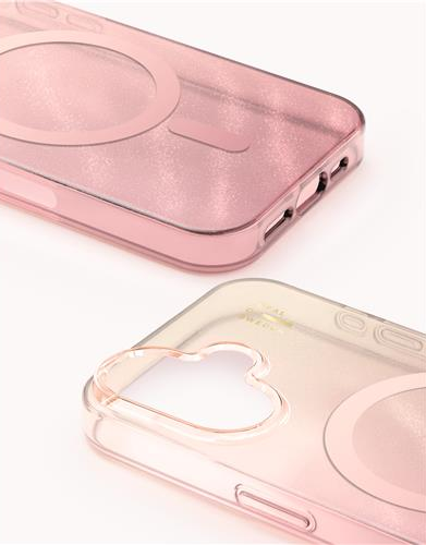 Zwei transparente Handyhüllen, eine rosa und eine mit herzförmigem Ausschnitt, auf weißem Hintergrund, Nahaufnahme.