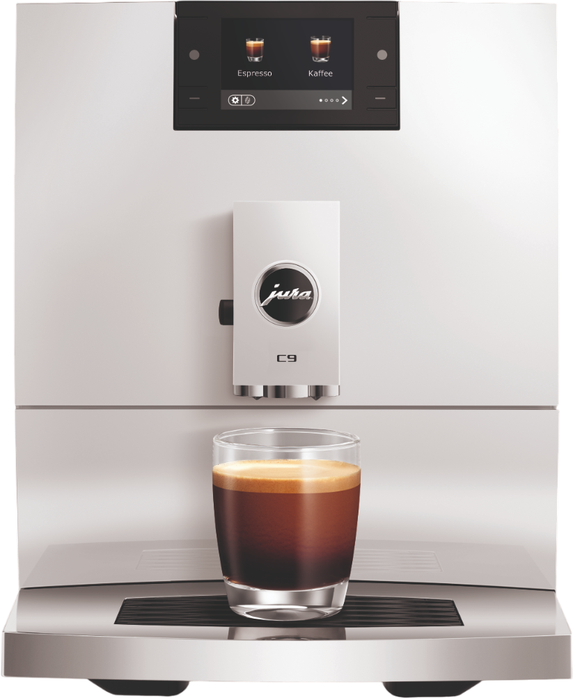 Eine weiße Jura Kaffeemaschine mit einem Glas Espresso. Die Maschine hat ein Display mit den Optionen Espresso und Kaffee.