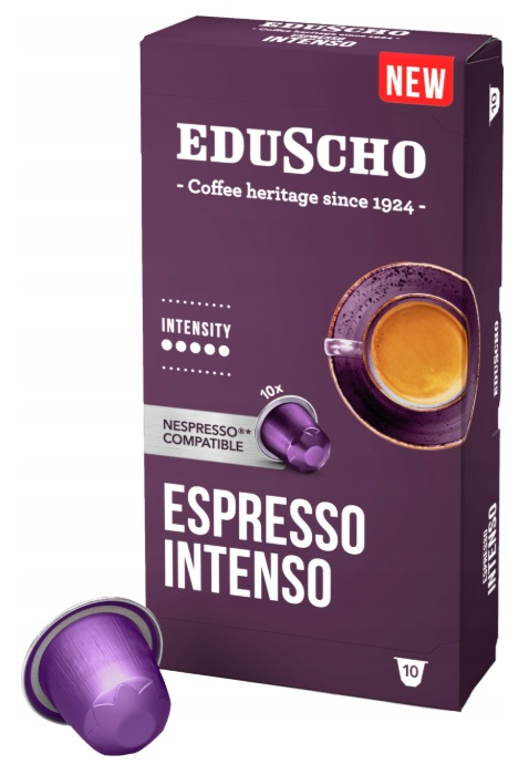 Fioletowe pudełko kapsułek Eduscho Espresso Intenso. Widoczna kapsułka i filiżanka kawy. Na pudełku napis 'NEW'.