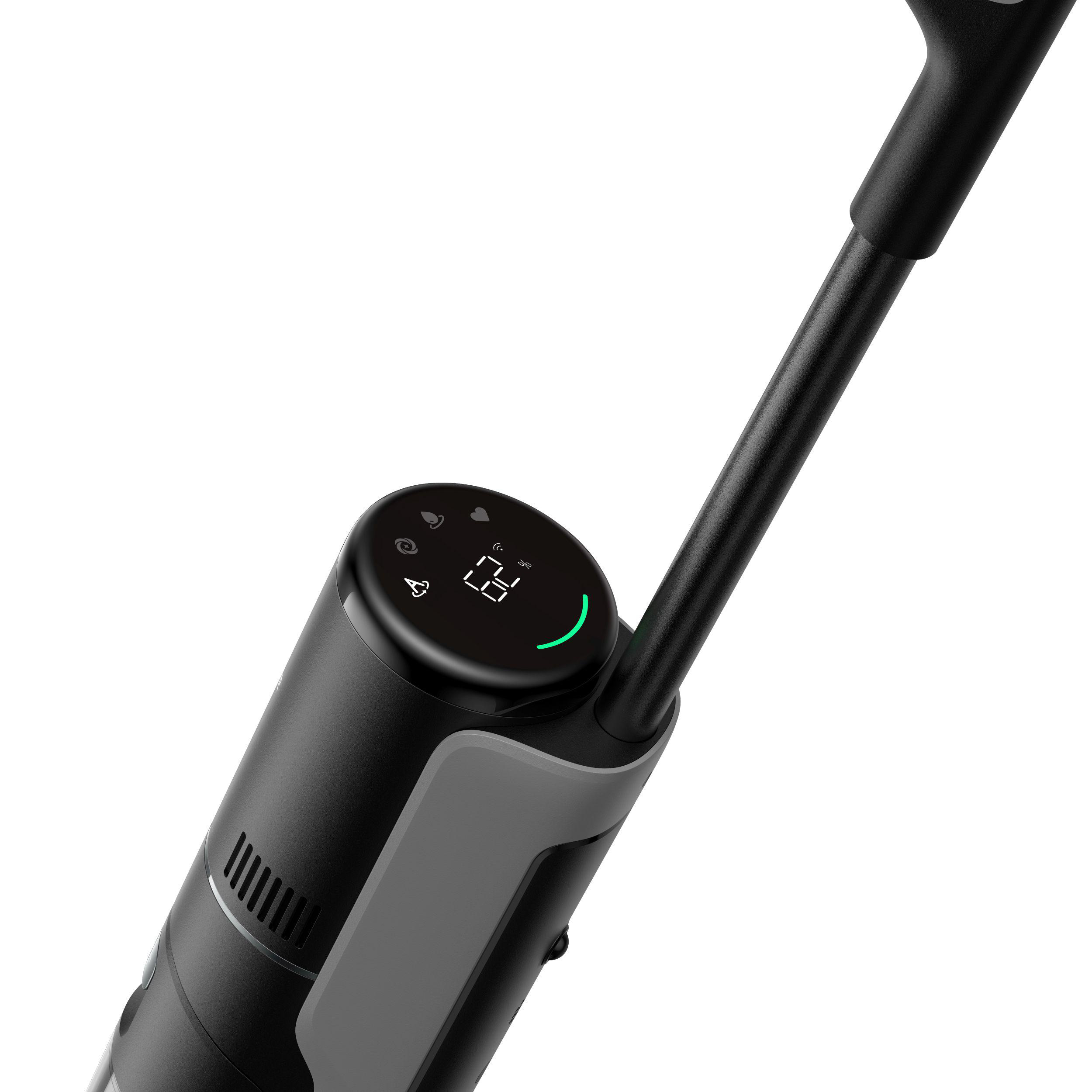 Ein schwarz-grauer Staubsauger mit Digitalanzeige für den Akkustand und einem Griff.