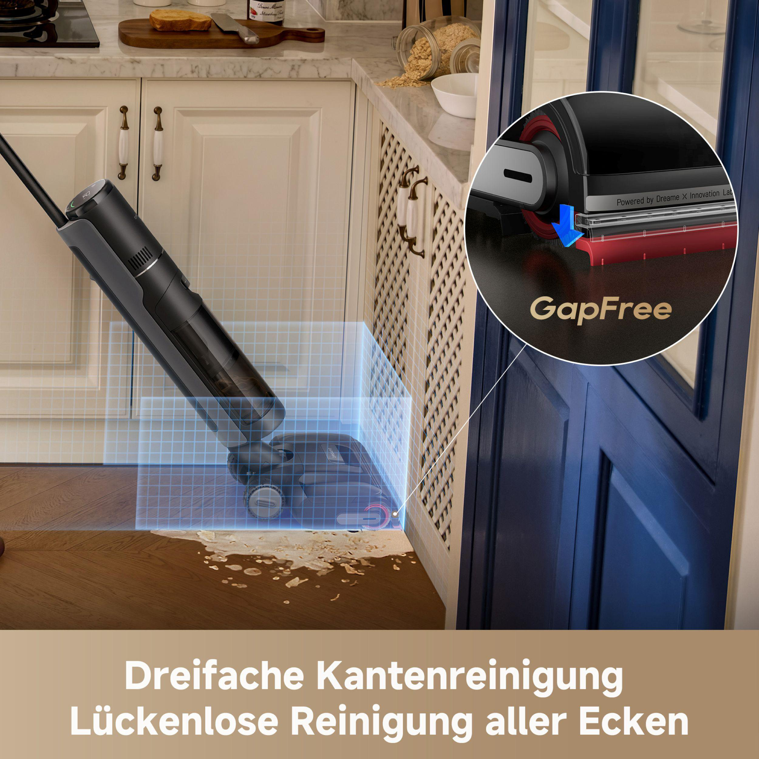 Ein schwarzer Staubsauger reinigt den Boden. Das Bild zeigt den Staubsauger in einer Küchenumgebung. Das Produkt ist GapFree.