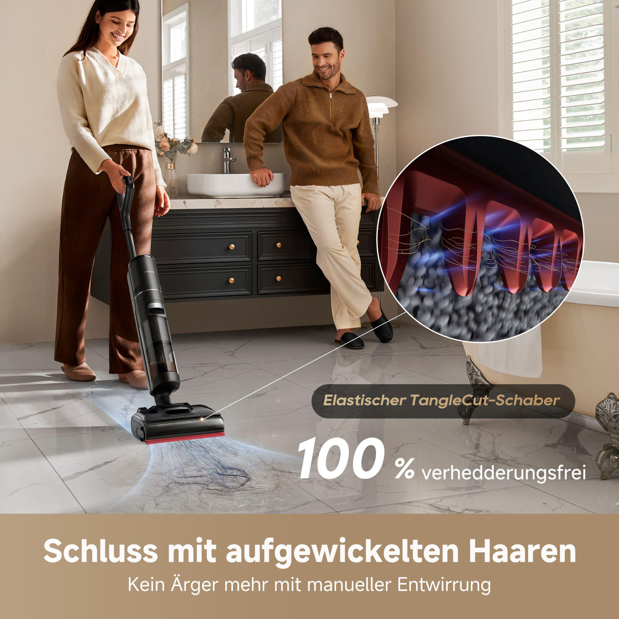 Eine Frau saugt den Badezimmerboden. Ein Mann lehnt sich an eine Theke. Text sagt 'TangleCut-Schaber' und '100% verhedderungsfrei'.