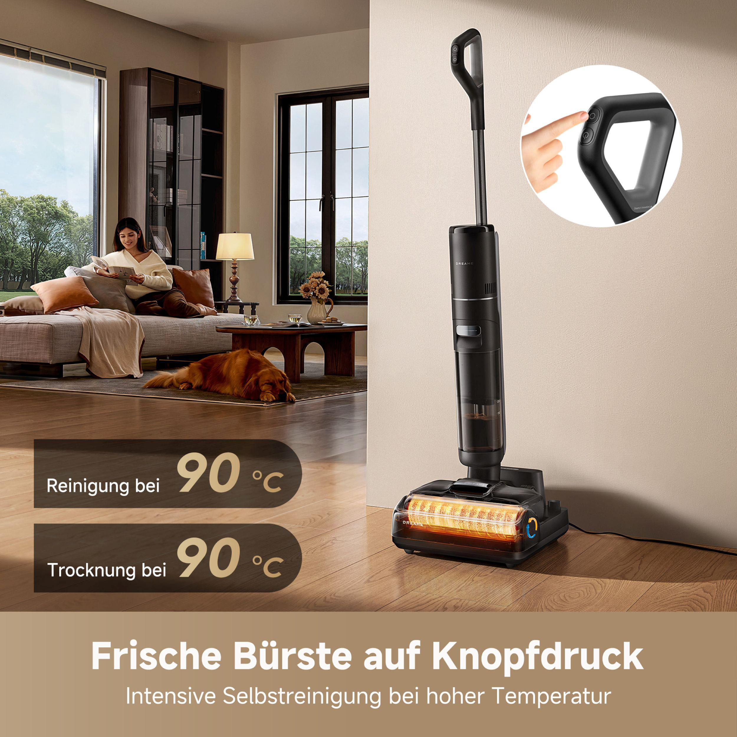 Ein schwarzer Staubsauger mit einer Frau auf einem Sofa im Hintergrund. Der Staubsauger hat einen Heizkopf. Die Temperatur beträgt 90°C.
