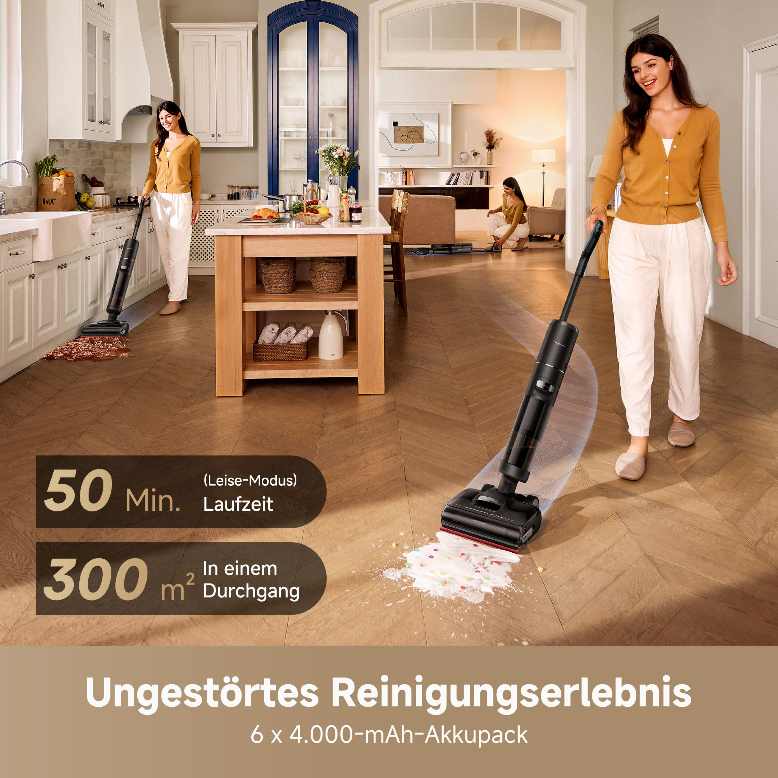 Eine Frau benutzt einen schwarzen Staubsauger auf einem Holzboden. Auf dem Boden sind Verschüttungen. Der Text lautet '50 min.' und '300 m²'.