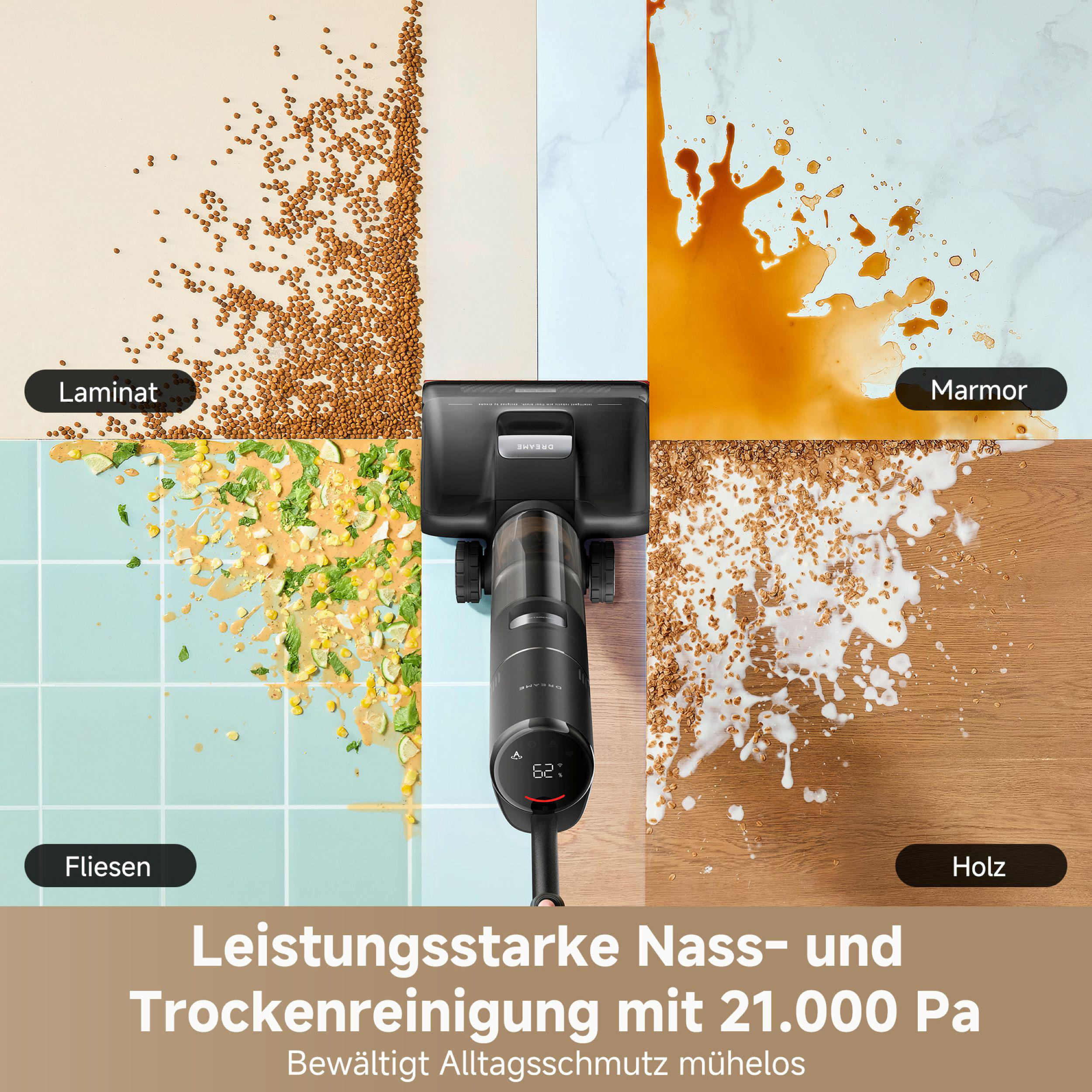 Das Bild zeigt einen Staubsauger, der vier verschiedene Oberflächen reinigt: Laminat, Fliesen, Marmor und Holz. Jede hat Essensreste.