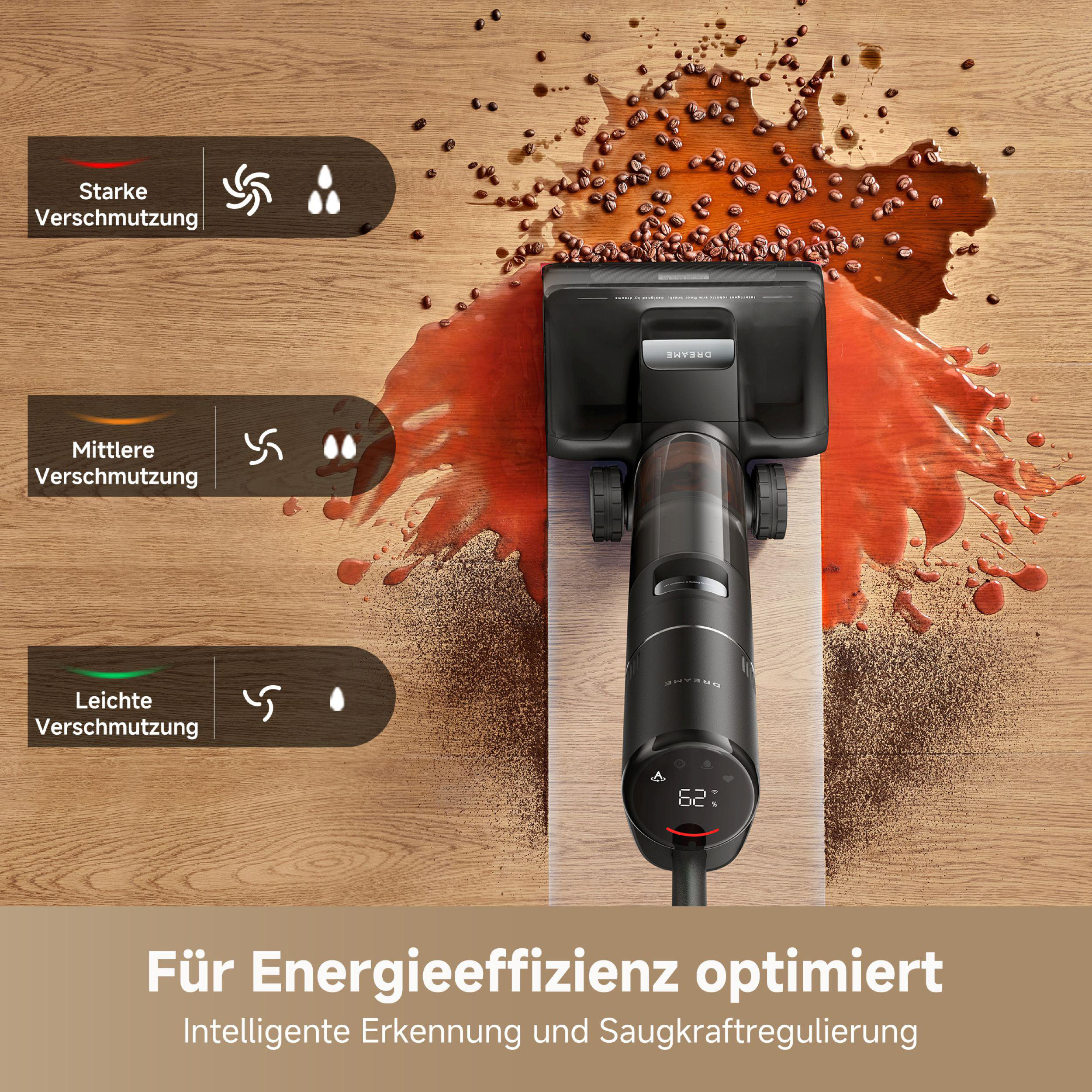 Ein schwarzer Staubsauger reinigt einen Holzboden mit verschüttetem Kaffee und Bohnen. Text zeigt Reinigungsstufen.