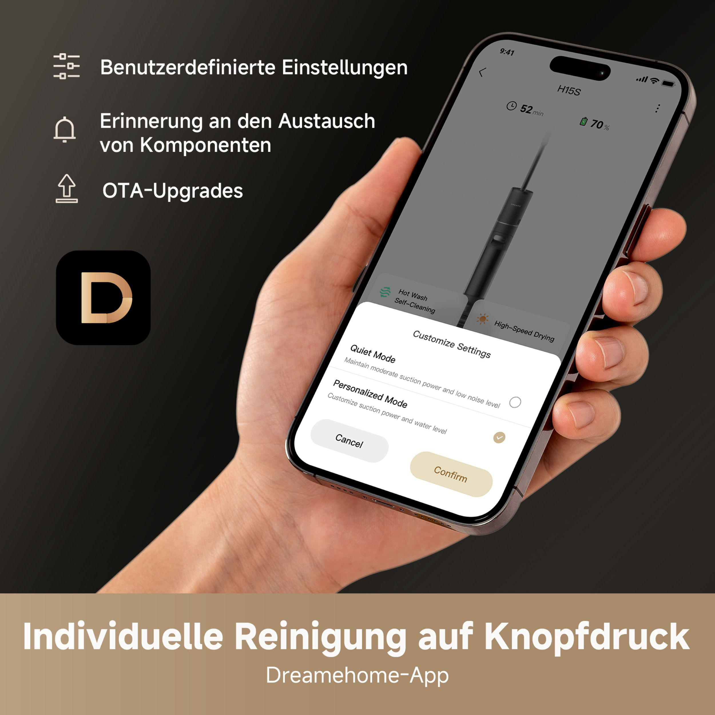 Eine Hand hält ein Telefon mit Reinigungseinstellungen. Text enthält 'Quiet Mode' und 'Personalized Mode'.