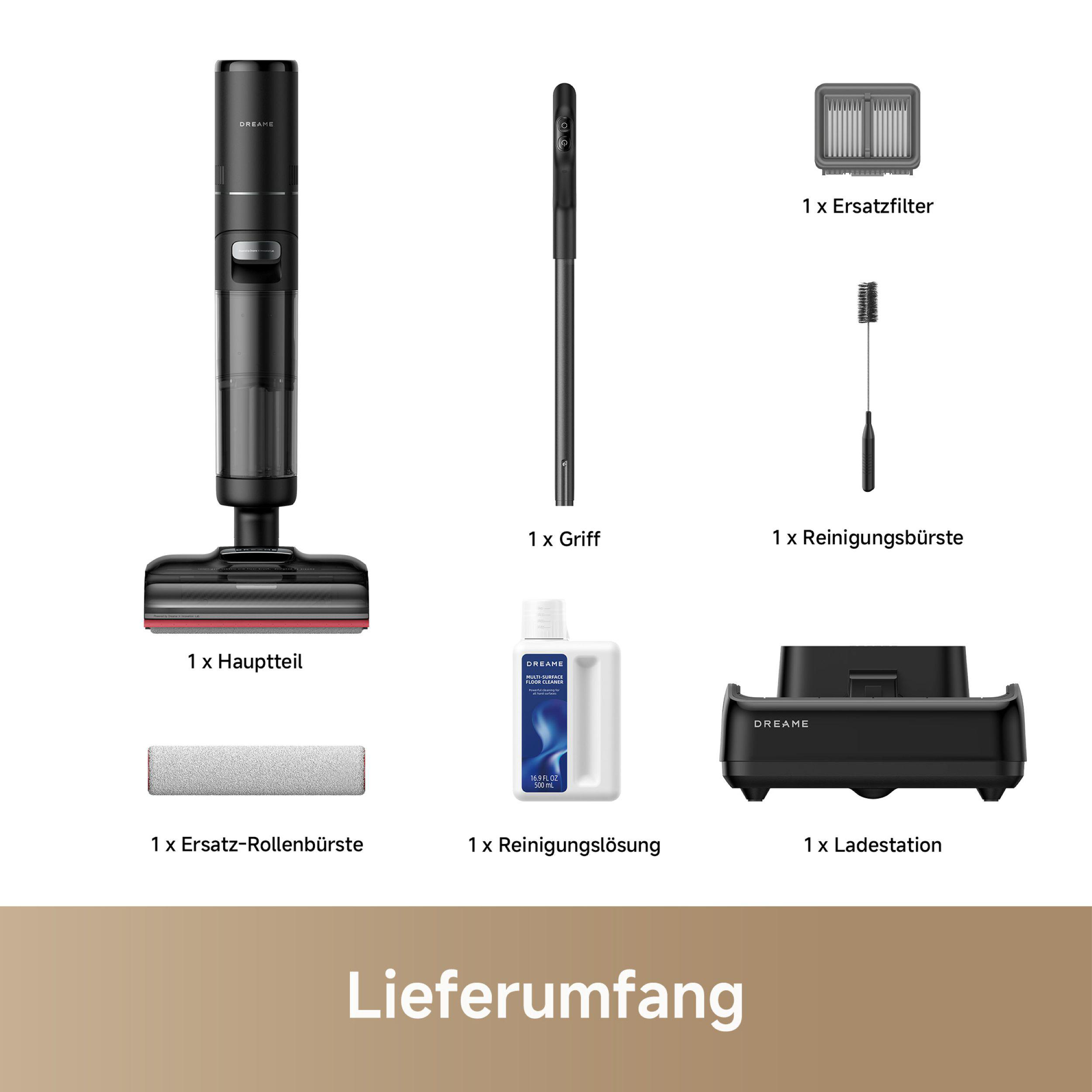 Das Bild zeigt Staubsaugerteile: Haupteinheit, Griff, Bürste, Filter, Reinigungslösung, Rollenbürste und Ladestation.