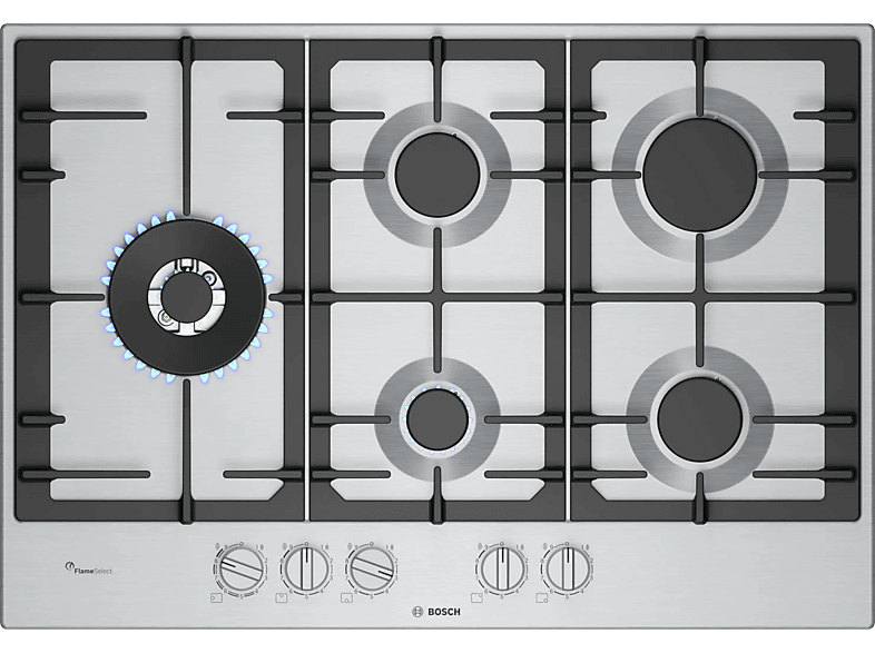 Bosch PCS7A5I90, 5 zonas, 30 cm zona grande, Gas natural, 75 cm, Acero inoxidable