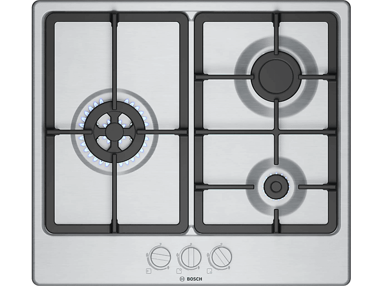 Bosch PGC6B5K90, 3 zonas, 28 cm zona grande, Gas natural, 58.2 cm, Acero inoxidable