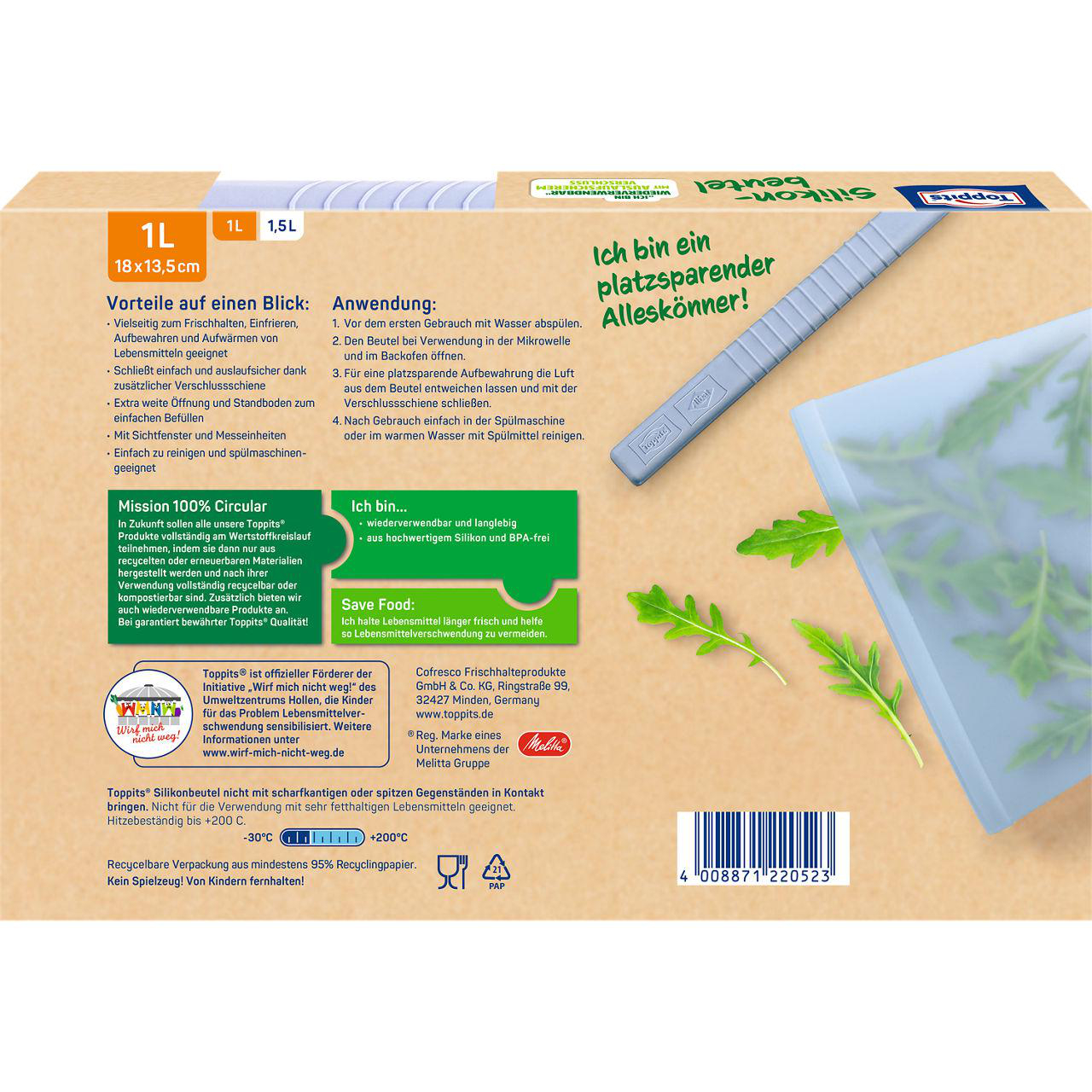 Verpackung für Toppits Silikonbeutel. Blau und grün, mit Text und Barcode. Der Beutel dient zur Aufbewahrung von Lebensmitteln.