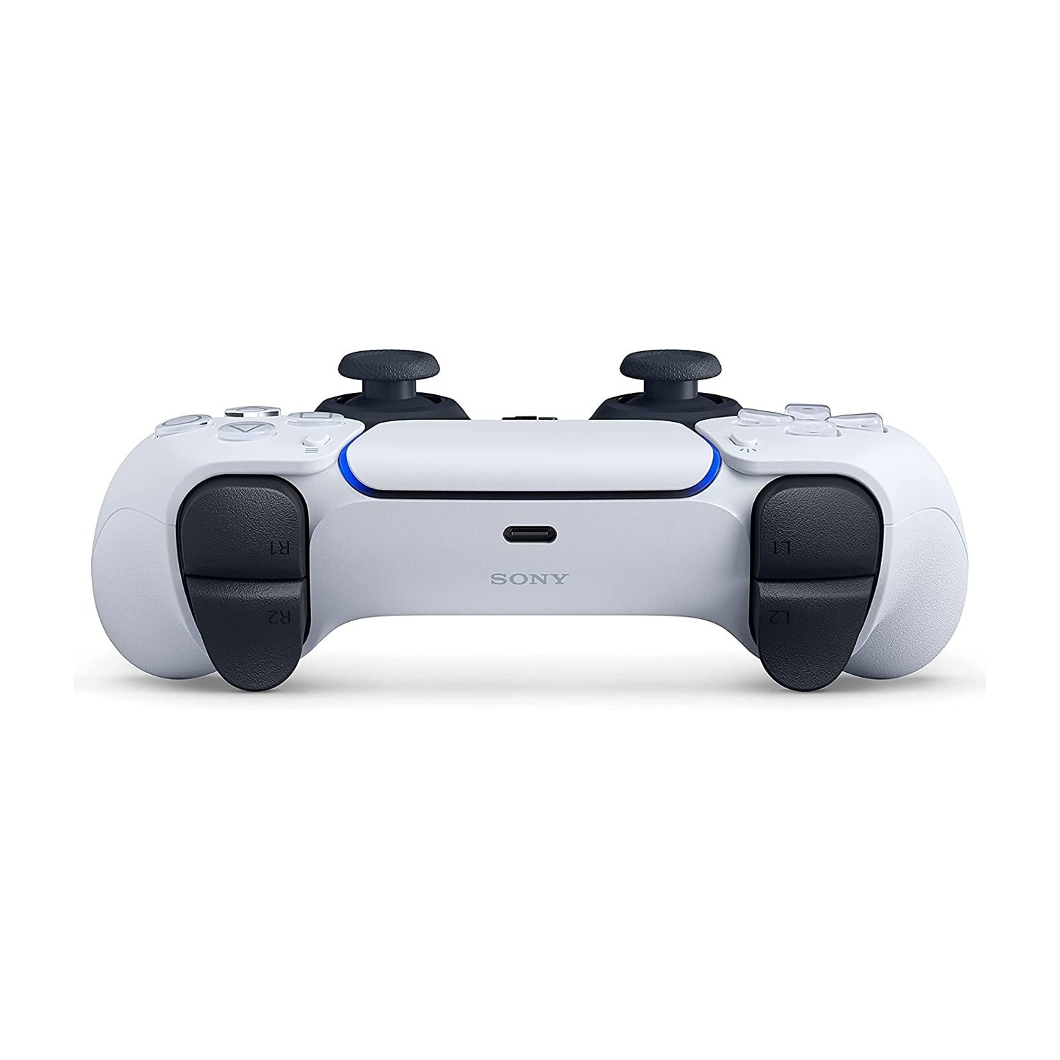 Un controller Sony PlayStation 5 bianco e nero. Ha due levette analogiche nere, pulsanti e grilletti. Il logo Sony è visibile.