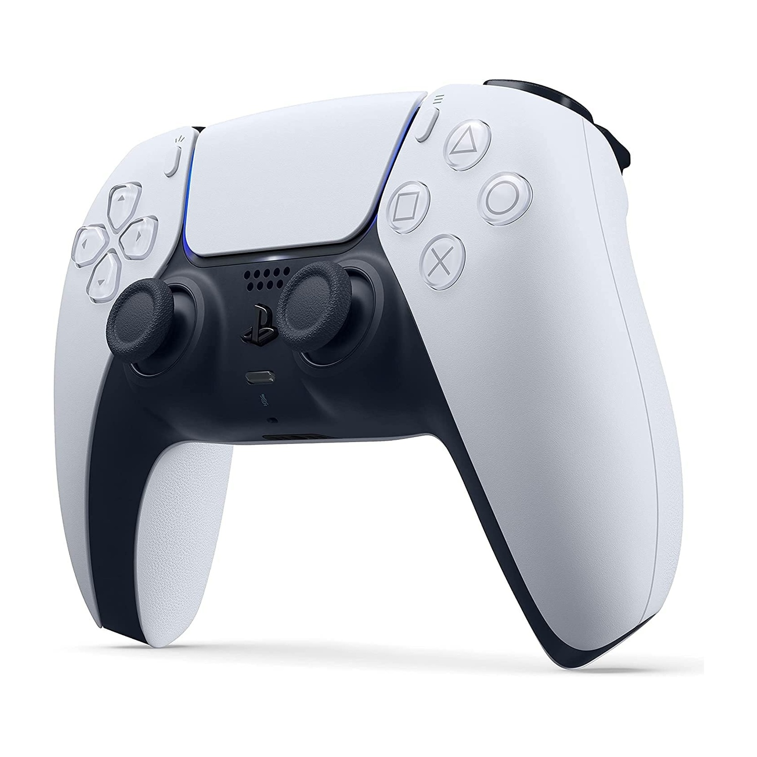 Un controller Playstation 5 bianco e nero. Presenta pulsanti come X, triangolo, cerchio, quadrato e due levette analogiche.