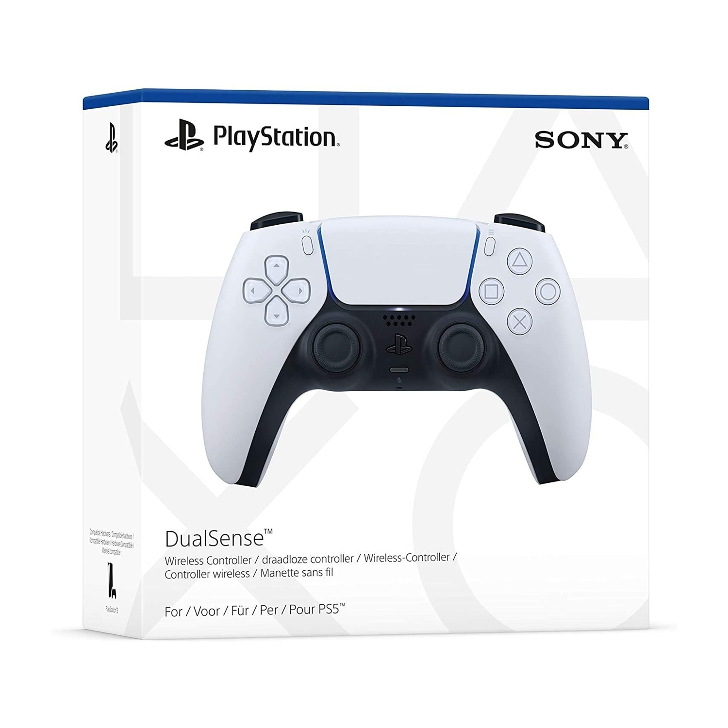 Un controller DualSense Playstation bianco e nero nella sua scatola. La scatola presenta i loghi PlayStation e Sony.