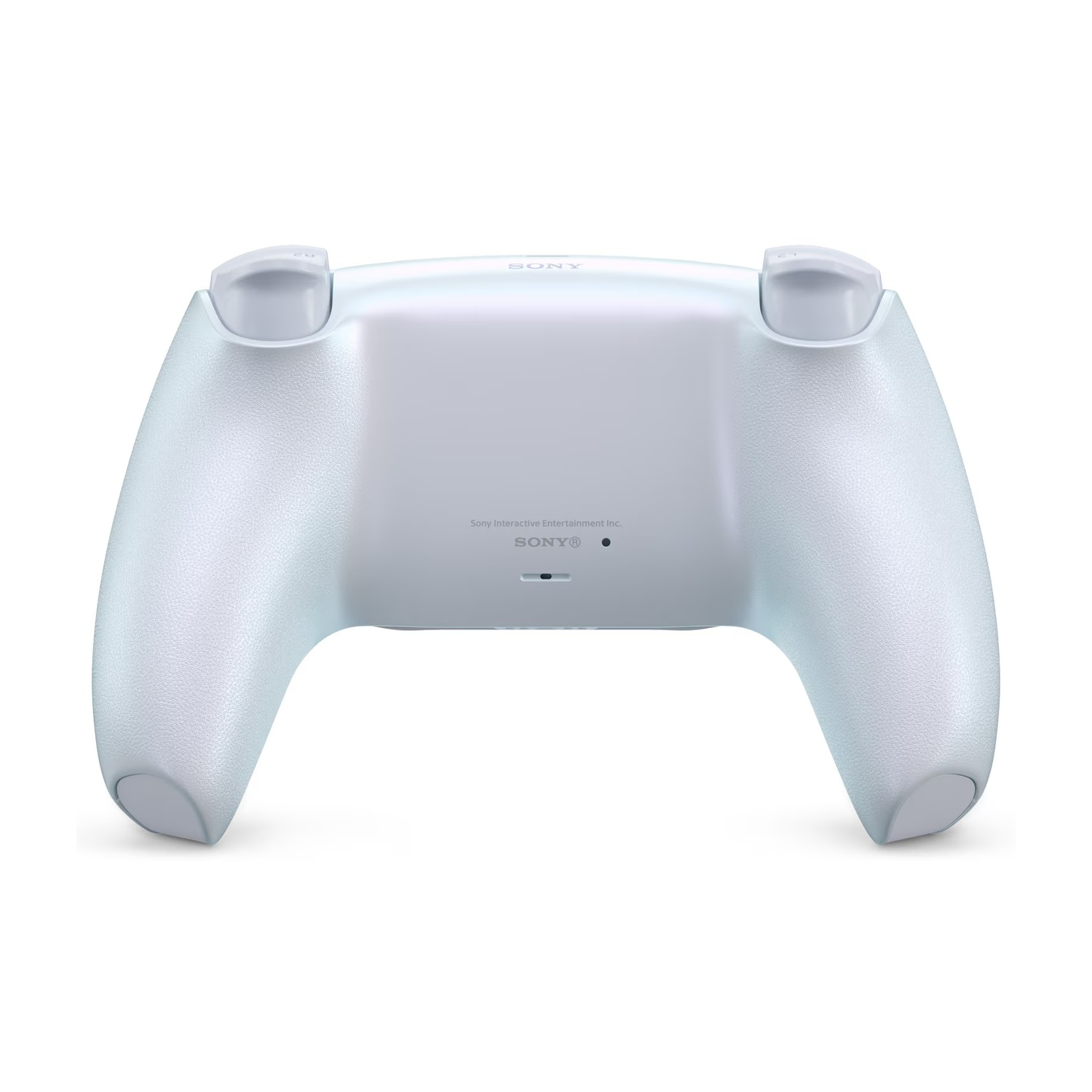 Un controller bianco di Playstation 5, visto da dietro. Il logo Sony è visibile in alto e il nome dell'azienda al centro.