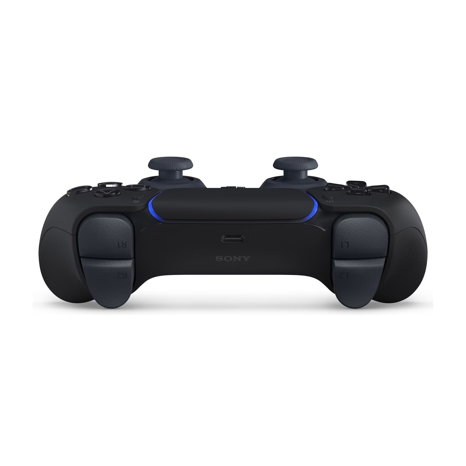 Un controller nero per PlayStation 5 è centrato. Ha pulsanti, levette analogiche e grilletti. Il logo Sony è al centro.