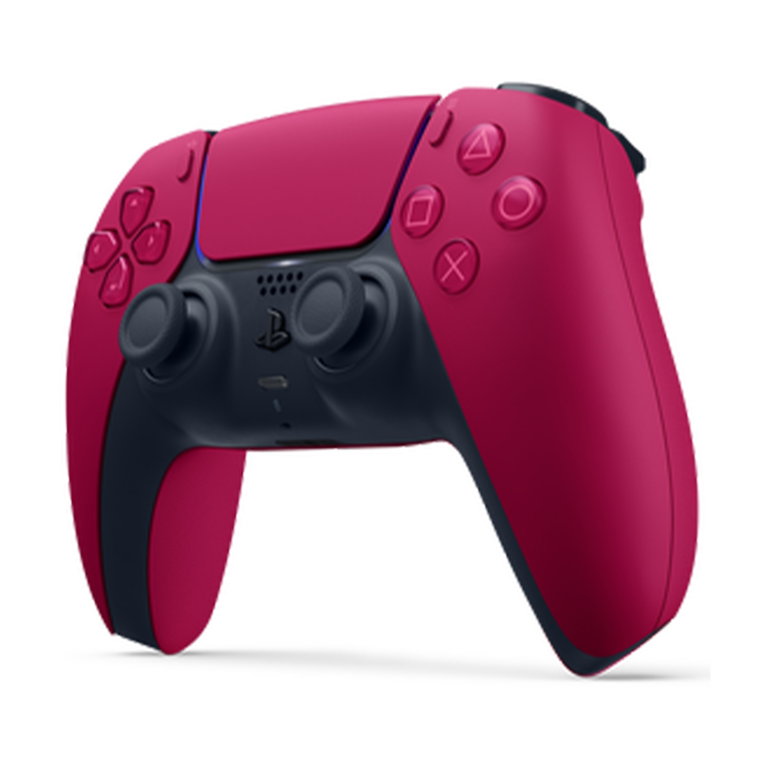 Un controller PlayStation 5 rosso e nero. Ha pulsanti e levette. Lo sfondo è bianco.