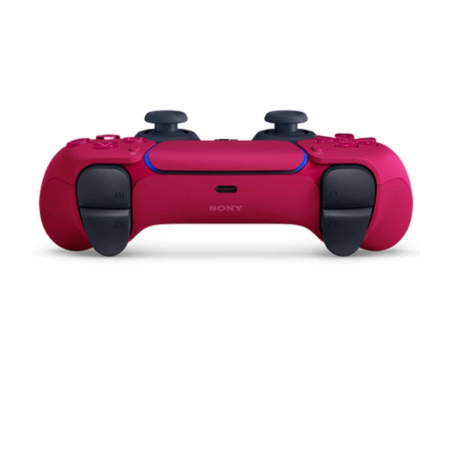Un controller DualSense PS5 cremisi su sfondo bianco. Ha levette e pulsanti neri. Il logo Sony è visibile.