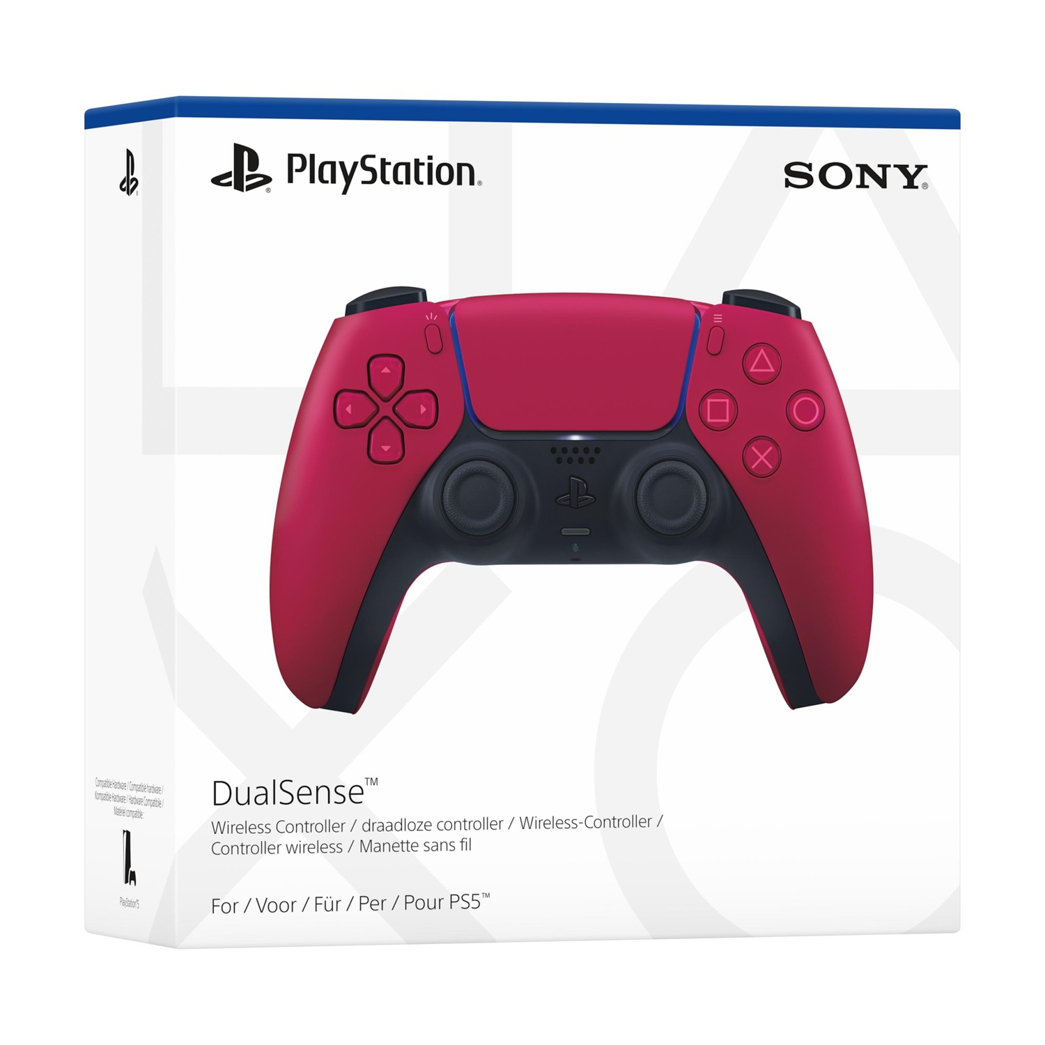 Un controller wireless DualSense rosso per PS5 è centrato su una scatola bianca. La scatola presenta i loghi PlayStation e Sony.