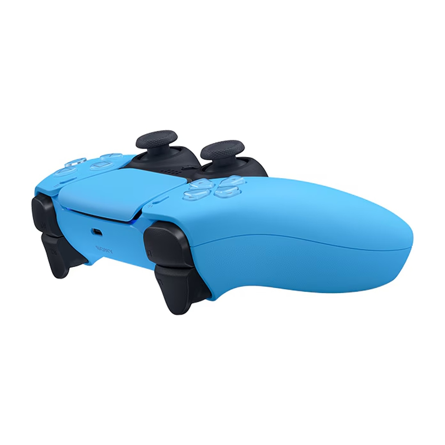 Un controller DualSense PlayStation 5 blu chiaro con levette e pulsanti neri su sfondo bianco.
