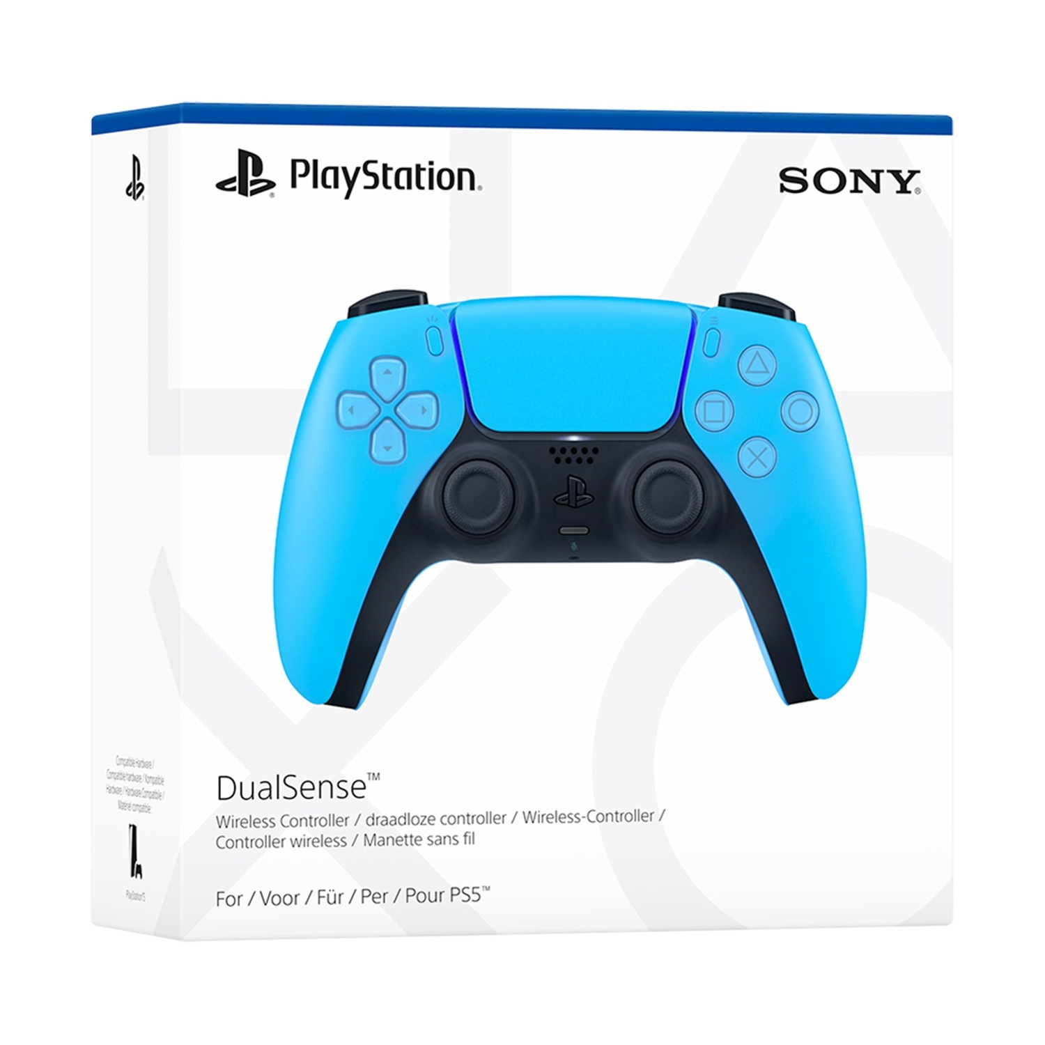 Una scatola del controller DualSense per PlayStation 5. Il controller è blu, con dettagli neri. La scatola riporta DualSense e PlayStation.