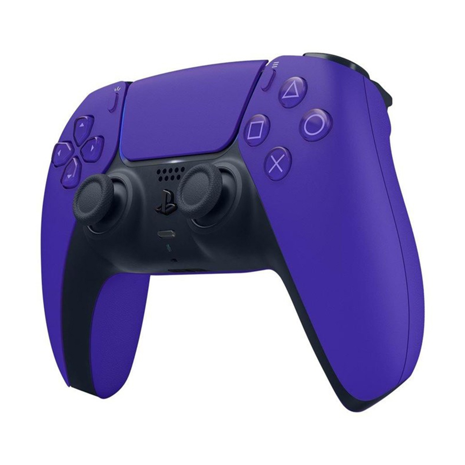 Un controller PlayStation 5 viola e nero. Ha i pulsanti: triangolo, cerchio, croce, quadrato e due levette analogiche.