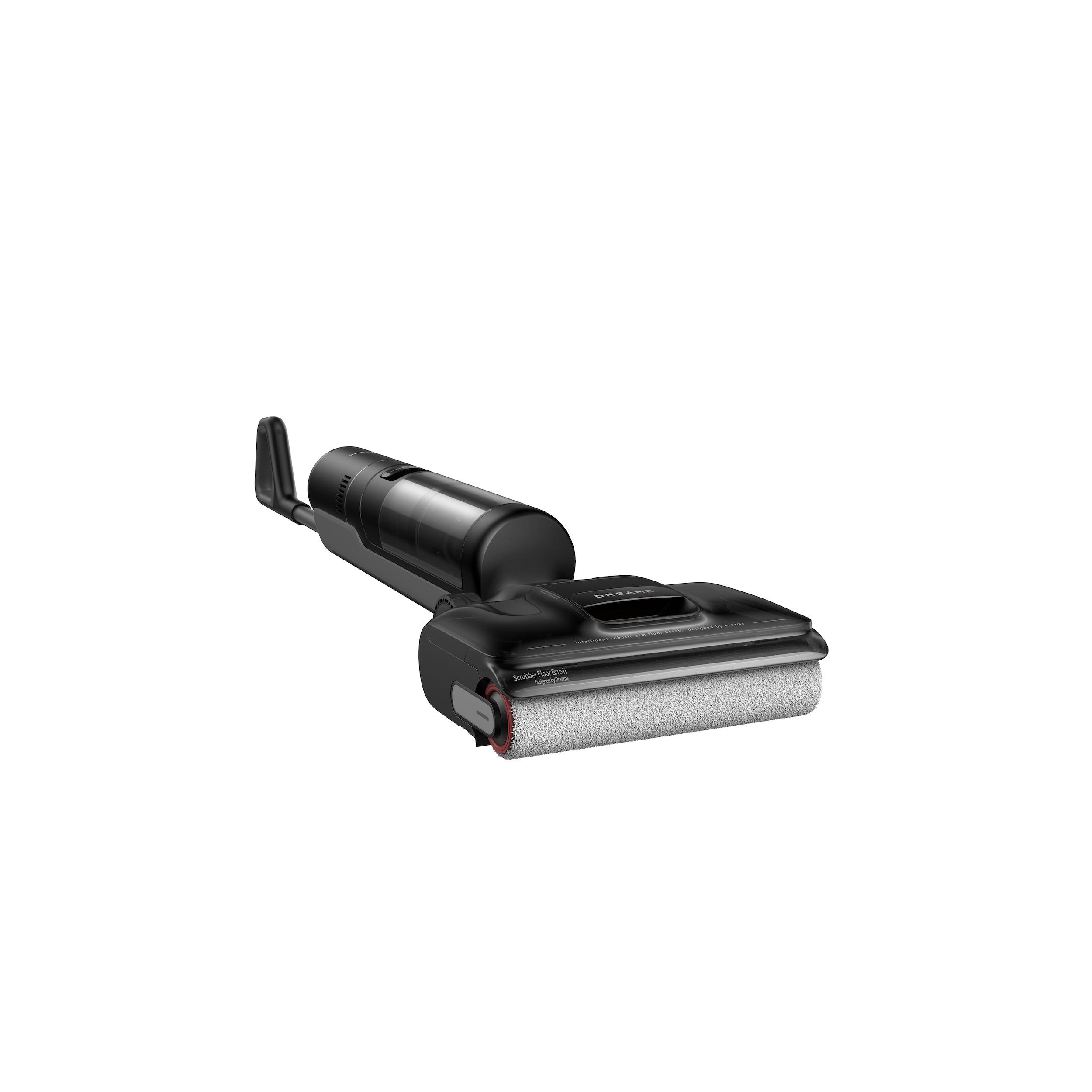 Schwarzer und grauer Bodenreiniger. Ein Griff und eine Bürste sind sichtbar. Auf der Bürste steht: Scrubber Floor Brush Designed by Dreame.