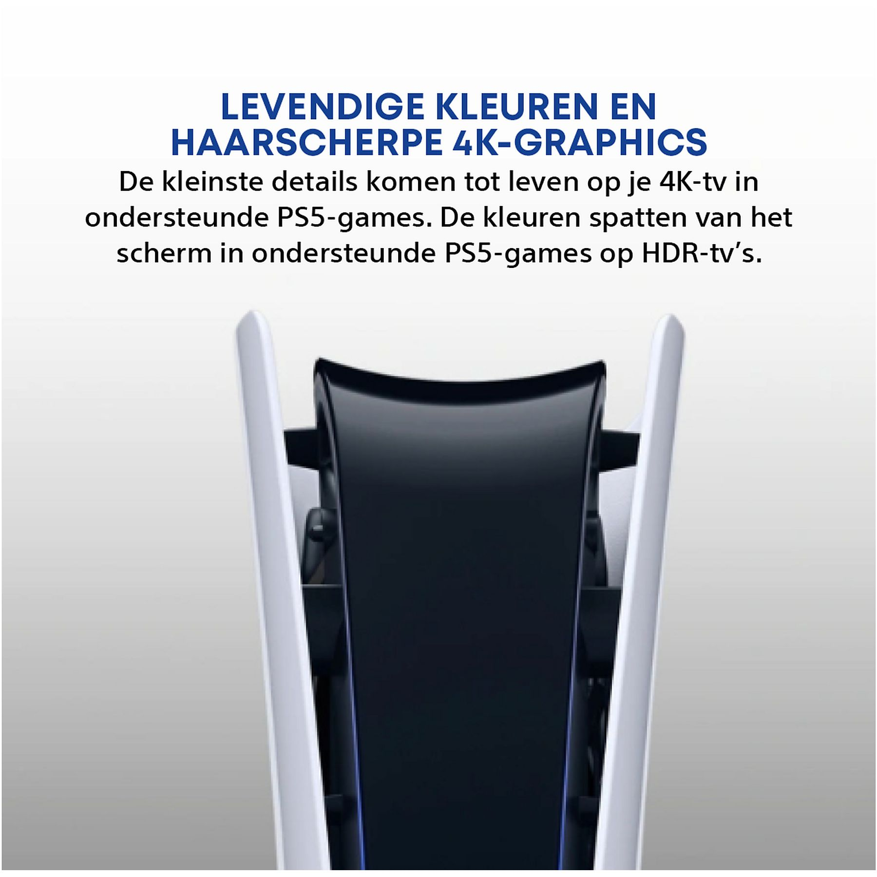 L'image montre une console PS5 avec du texte sur les couleurs vives et les graphismes 4K pour les jeux PS5 sur les téléviseurs HDR.