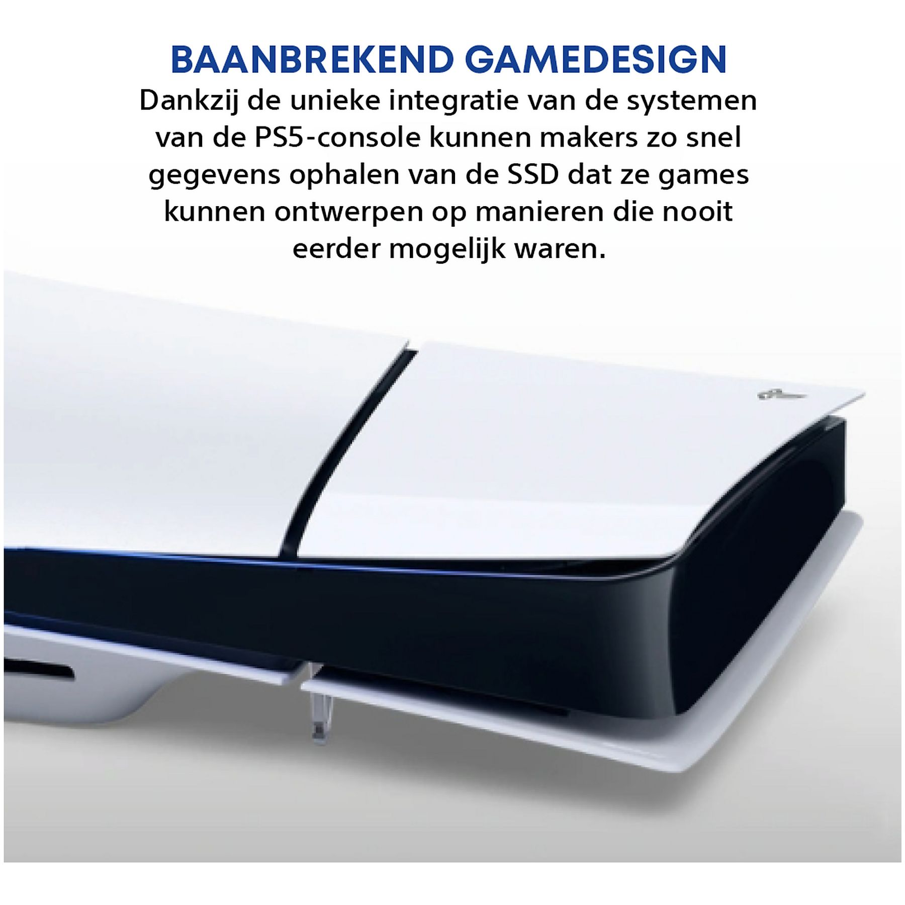 Une console PS5 blanche et noire avec un design incurvé. Le texte dit 'Game design' et décrit ses fonctionnalités.