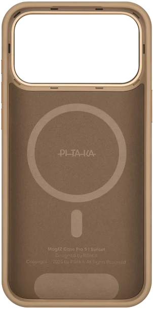 Egy barna telefontok arany szegéllyel. Van rajta egy kamerakivágás és egy mágneses kör. Szöveg: PITAKA, MagEZ Case Pro 5 I Sunset.