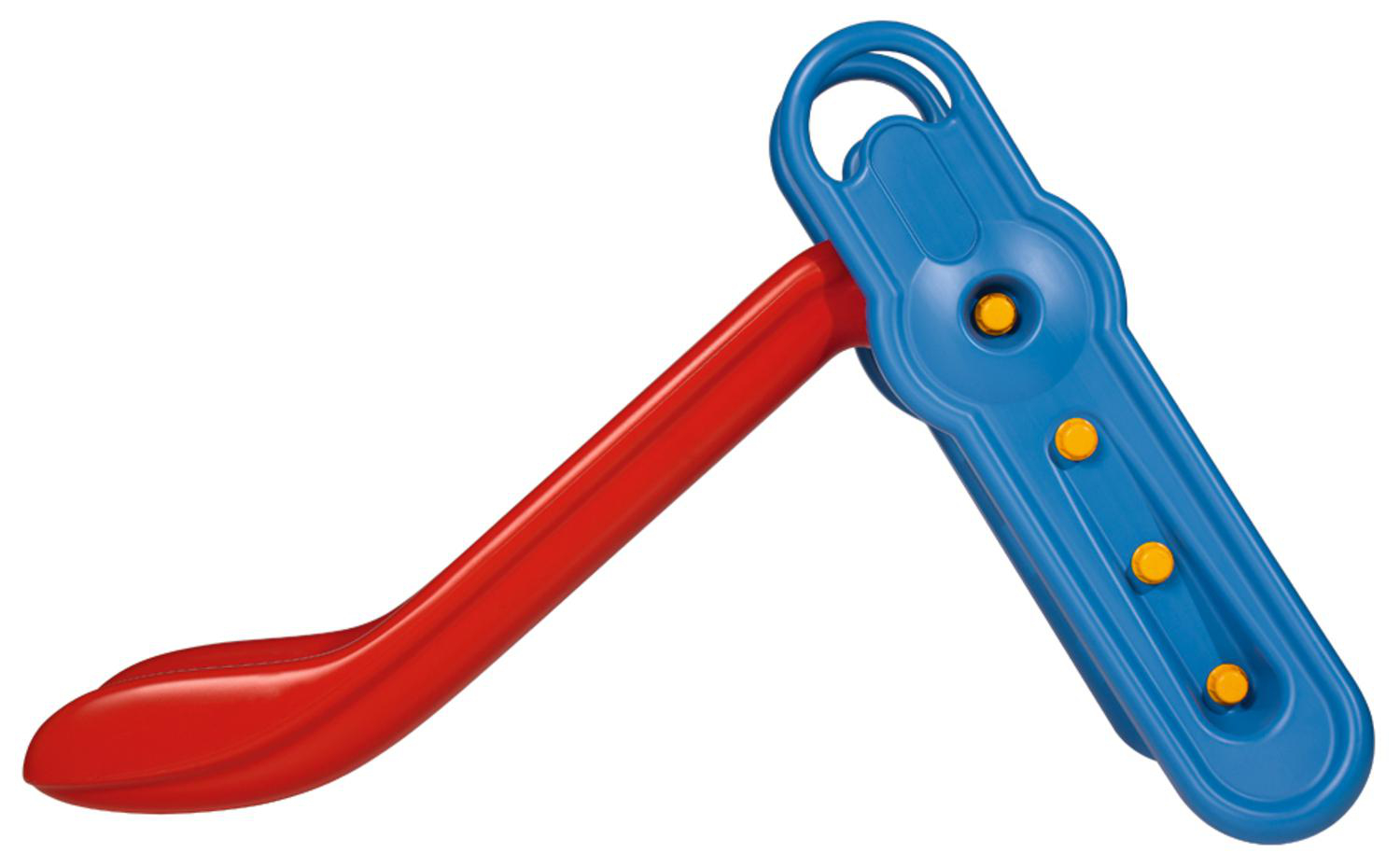 Eine rote und blaue Kunststoff-Kinderrutsche. Die Rutsche ist abgewinkelt, mit einer roten Rutsche und einer blauen Stützstruktur.