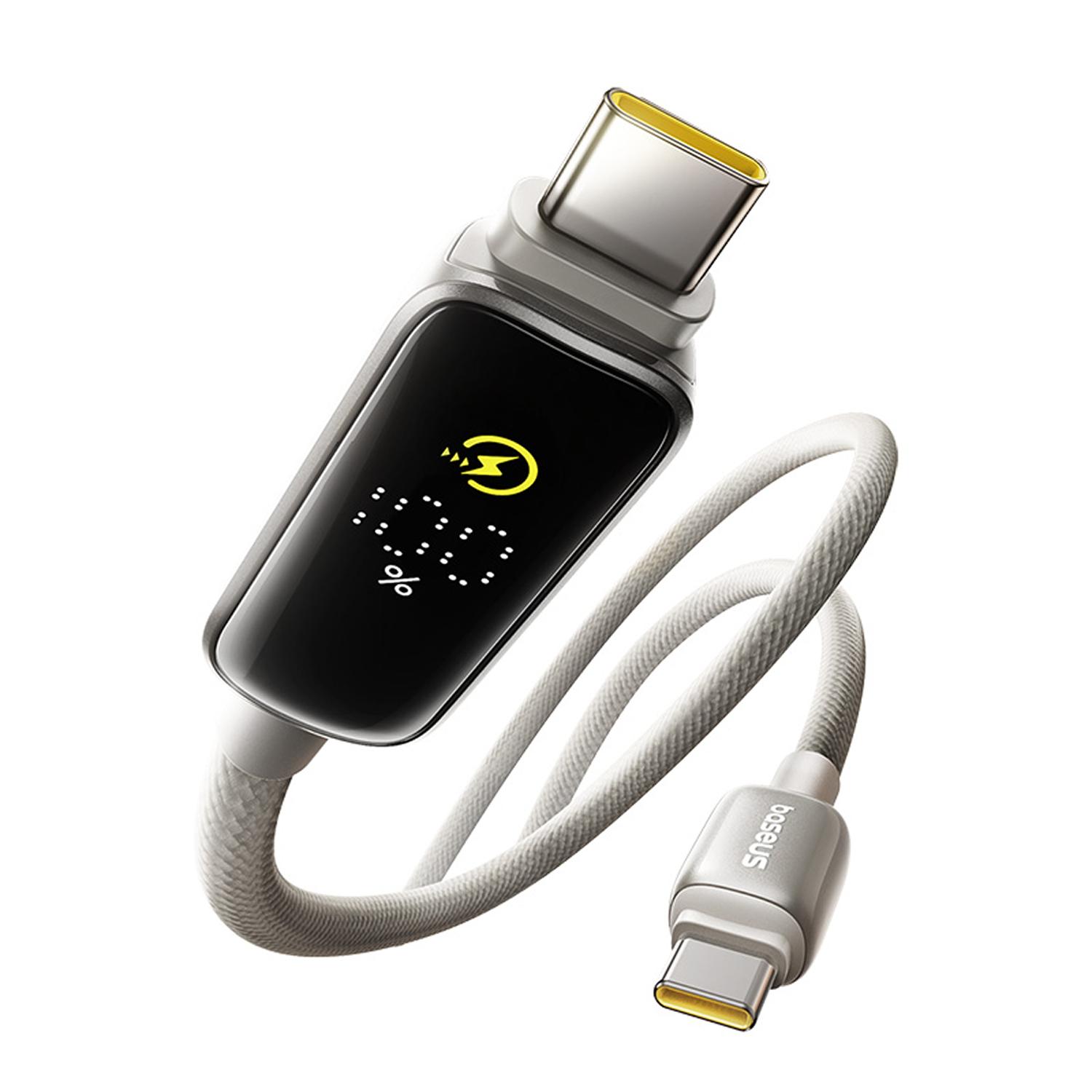 Un cable de carga USB-C blanco y gris. El cable muestra un icono de carga y un porcentaje. La marca es visible.