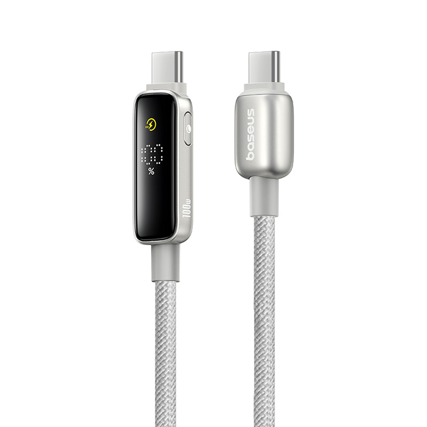 Dos cables de carga USB-C plateados. Uno muestra una pantalla con estado de carga. Ambos tienen cables trenzados grises.