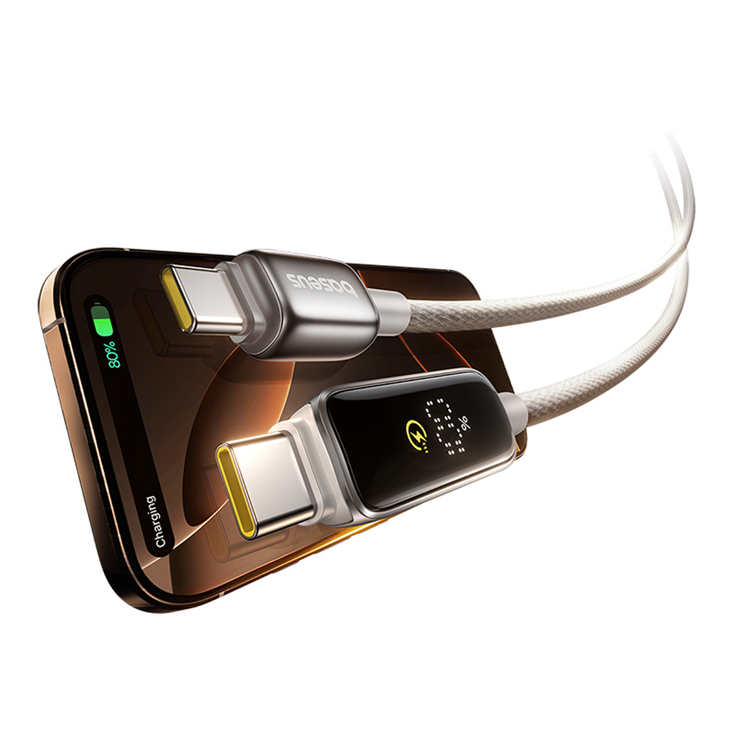 Un teléfono se está cargando con un cable USB-C. El teléfono muestra un 80% de carga. El cable tiene una pantalla que muestra el porcentaje de carga.