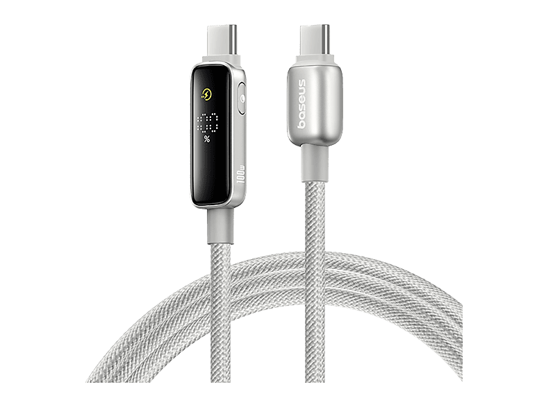 Cable USB - Baseus Vipow, Tipo-C a Tipo-C, 100 cm, 100W, Con pantalla de nivel batería, Ultrarresistente, Carga rápida, Galaxy Natural Titanium