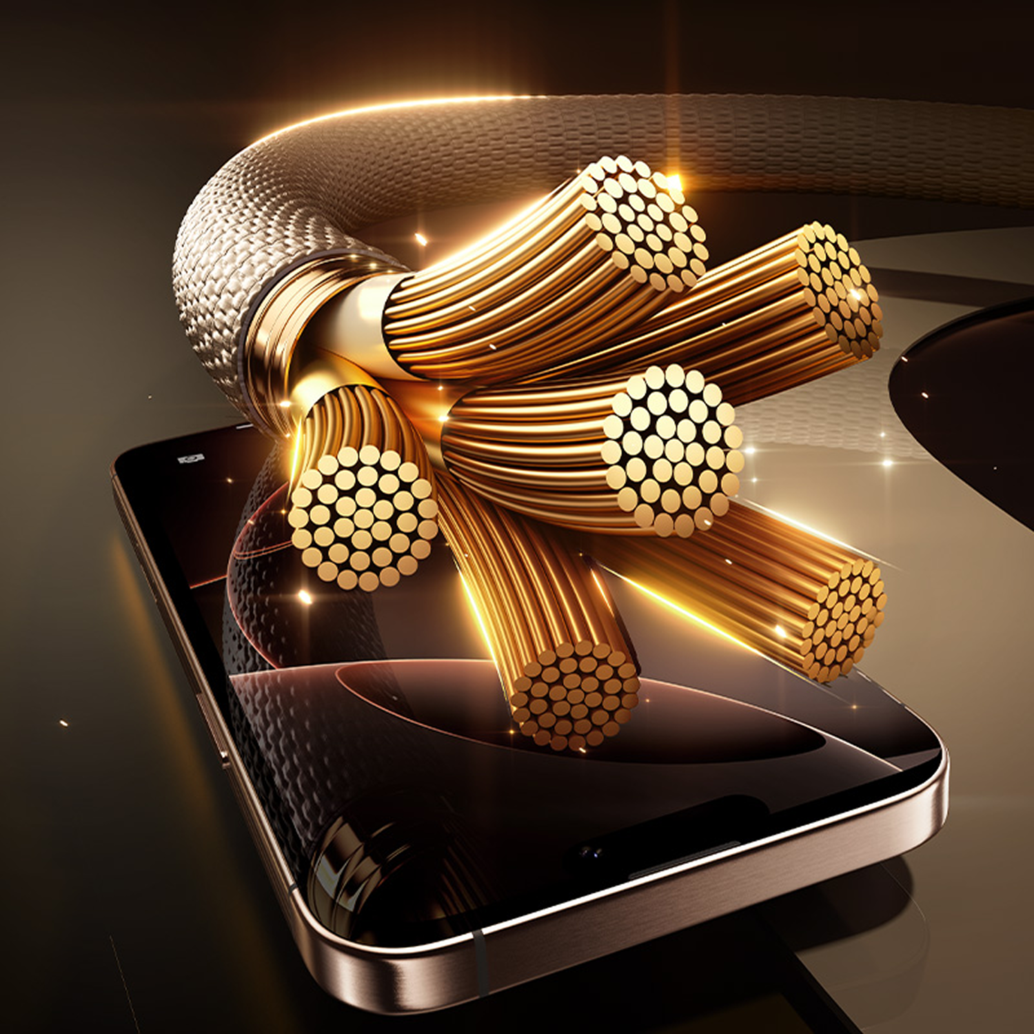 Cable dorado con hilos expuestos, conectado a un smartphone, con detalles brillantes y fondo oscuro.
