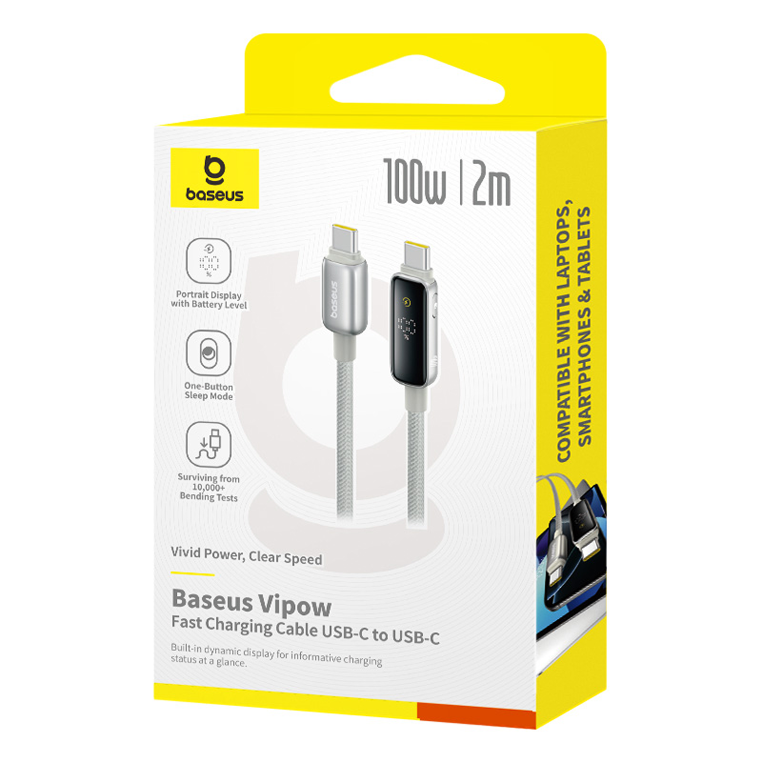 Caja del cable de carga Baseus Vipow USB-C a USB-C. Muestra el cable, sus características y la compatibilidad con portátiles, smartphones y tabletas.