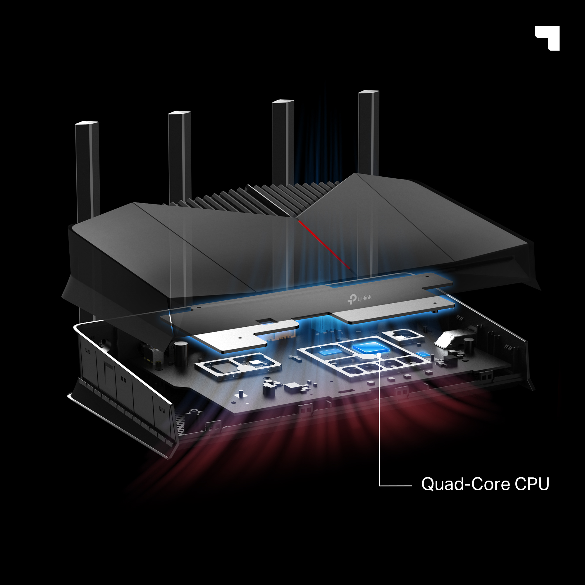 Diagrama de un router negro, mostrando componentes internos. El texto dice Quad-Core CPU. Efectos de luz azul y roja.