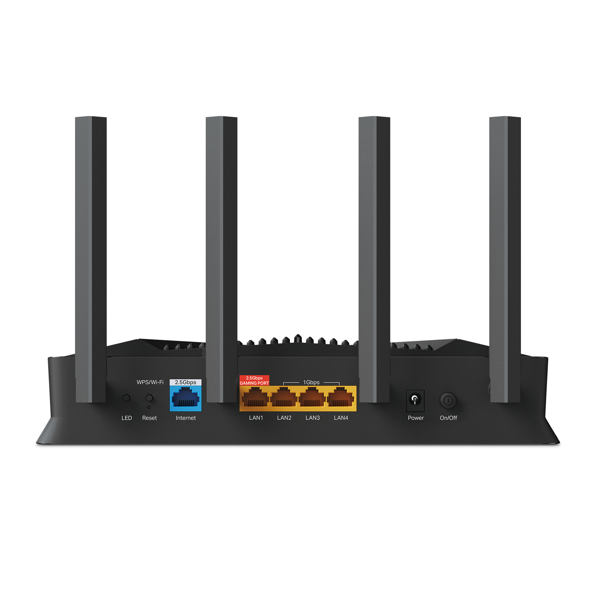 Un enrutador negro con cuatro antenas. Tiene puertos etiquetados LAN1-4, encendido e internet. Los puertos son de varios colores.