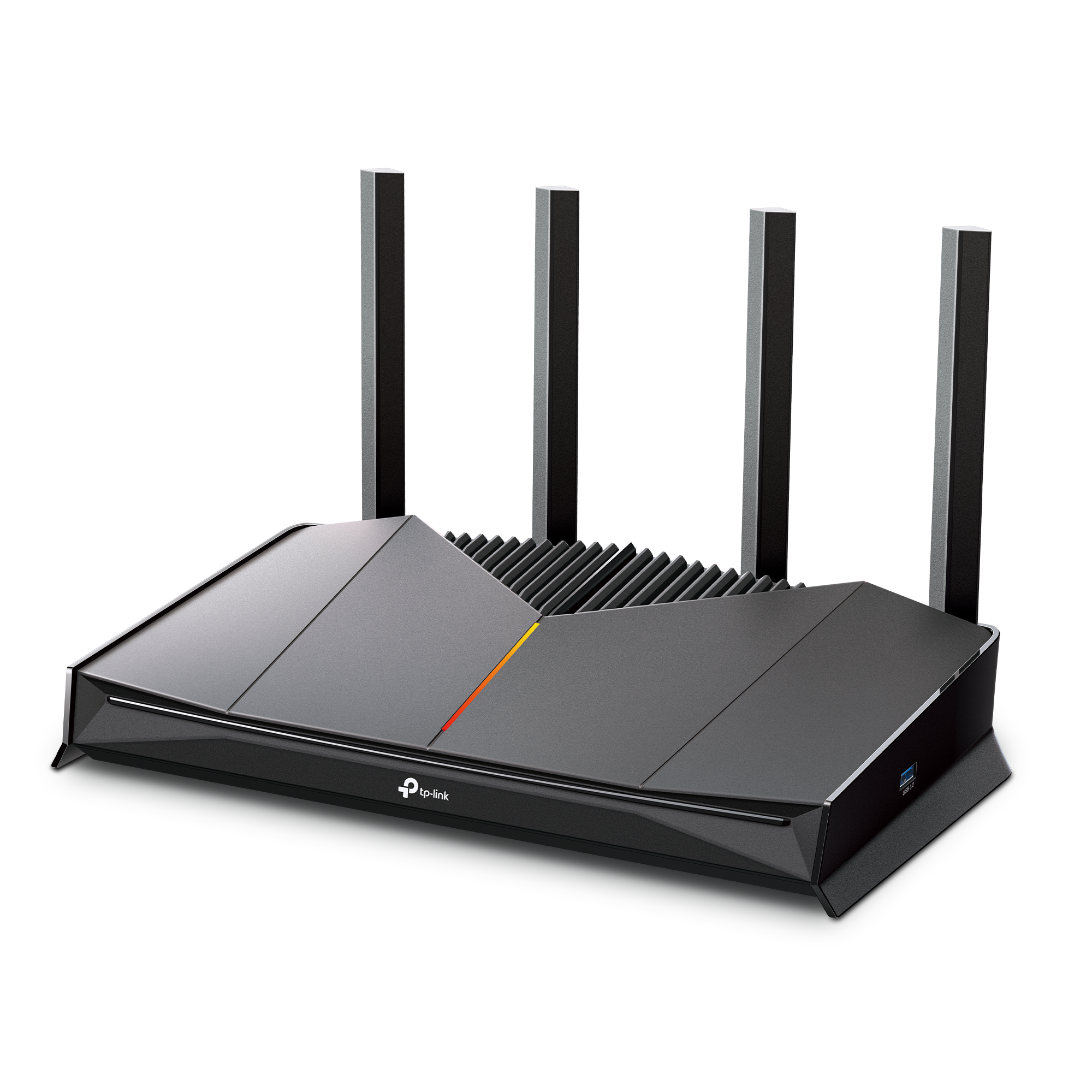 Un enrutador Wi-Fi TP-Link negro con múltiples antenas. El enrutador está sobre una superficie oscura y tiene luz degradada.