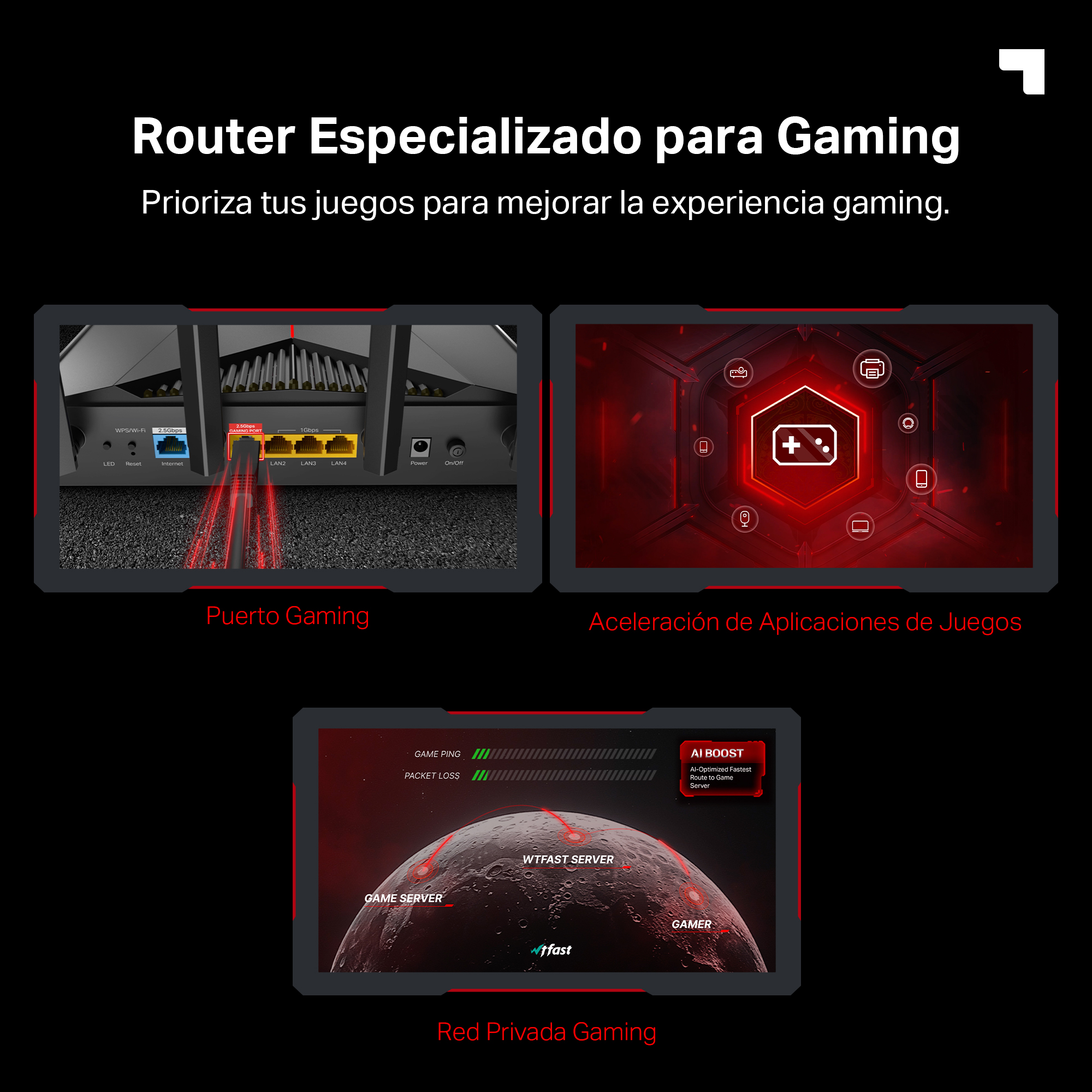 Imagen de un router gaming con puertos, detalles rojos y gráficos que ilustran la aceleración de juegos y el juego privado.