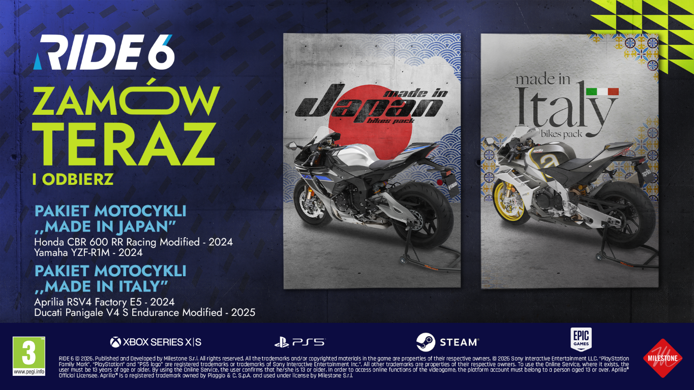 Plakat gry Ride 6 z motocyklami. Przedstawiono pakiety Made in Japan i Italy. Pokazano loga Xbox, PS5, Steam i Epic Games.
