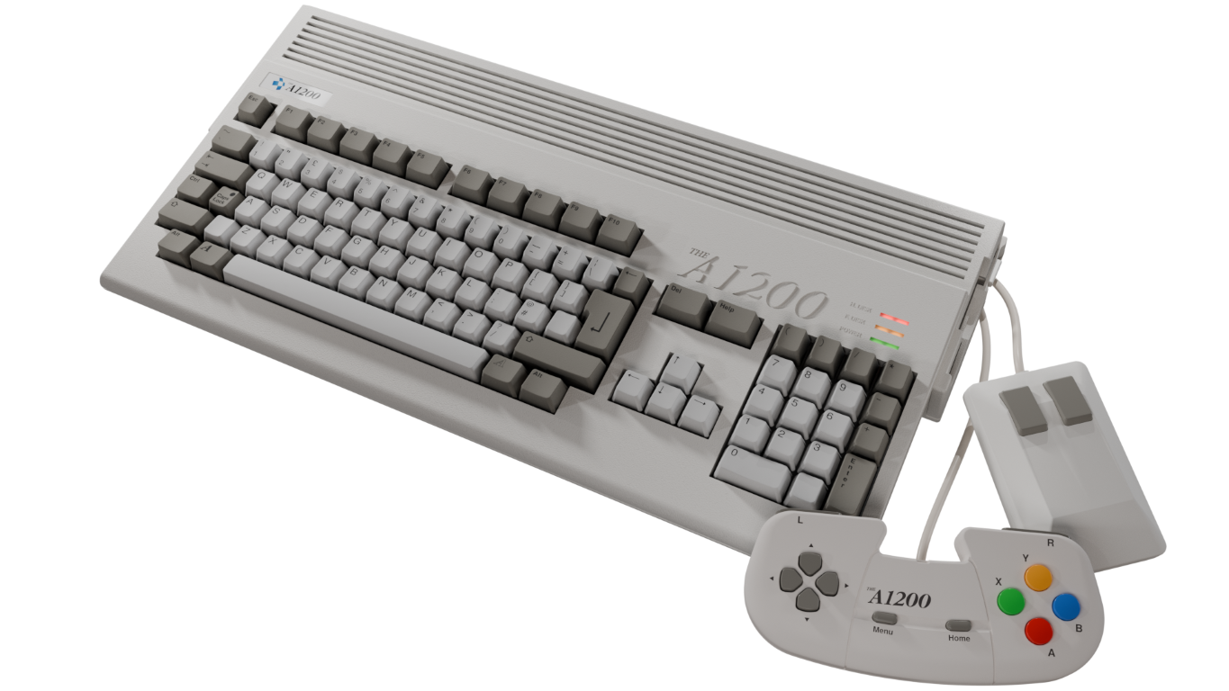 Komputer w stylu vintage z klawiaturą, myszą i gamepadem. Klawiatura ma szare klawisze, mysz jest biała, a gamepad ma kolorowe przyciski.