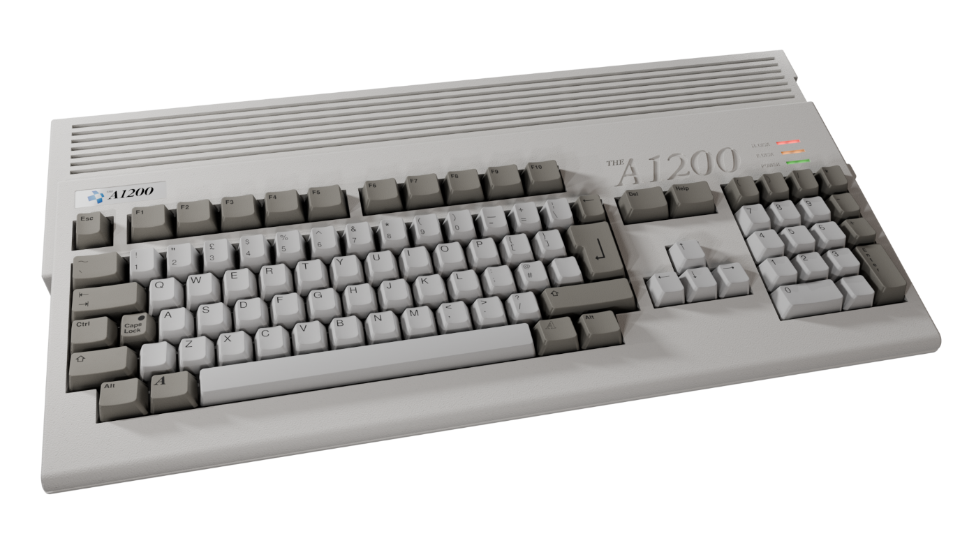 Kremowa klawiatura komputera Amiga A1200. Szare klawisze są ułożone w układzie QWERTY. W prawym górnym rogu widoczne są kontrolki stanu.