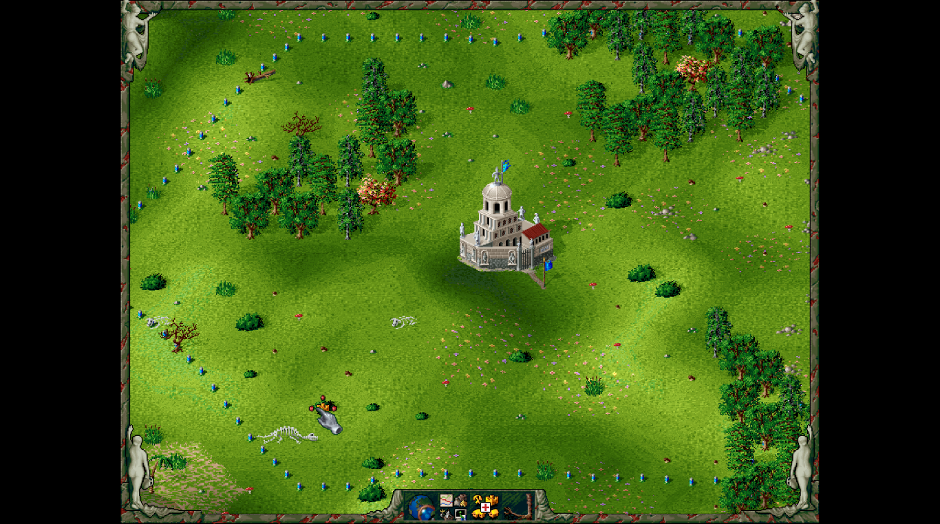 Widok z góry na mapę gry. Centralny budynek otoczony jest drzewami i trawą, z małym interfejsem użytkownika na dole.