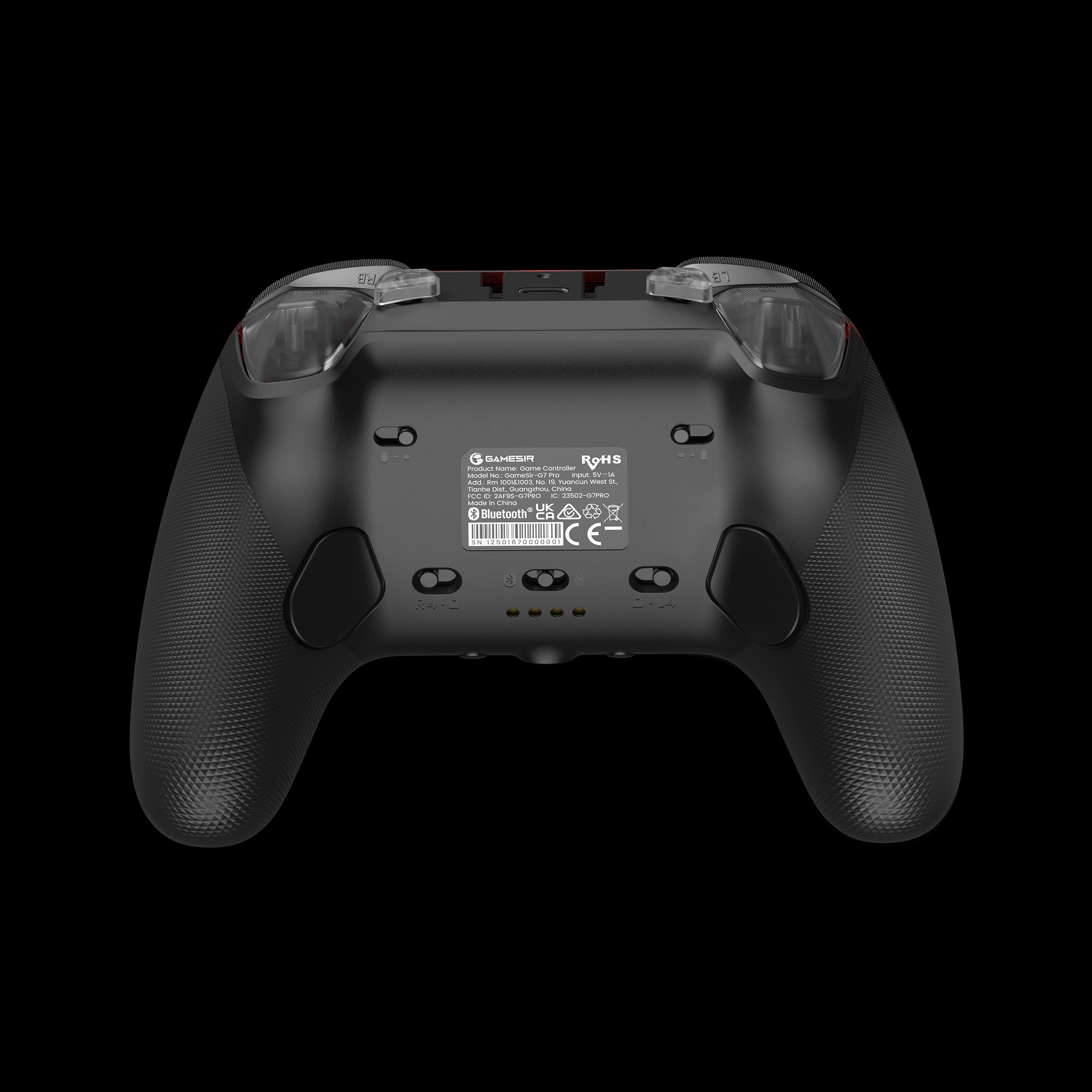 Schwarzer Gamesir G7 Pro Controller. Details umfassen Tasten, Griffstruktur und transparente Trigger vor schwarzem Hintergrund.