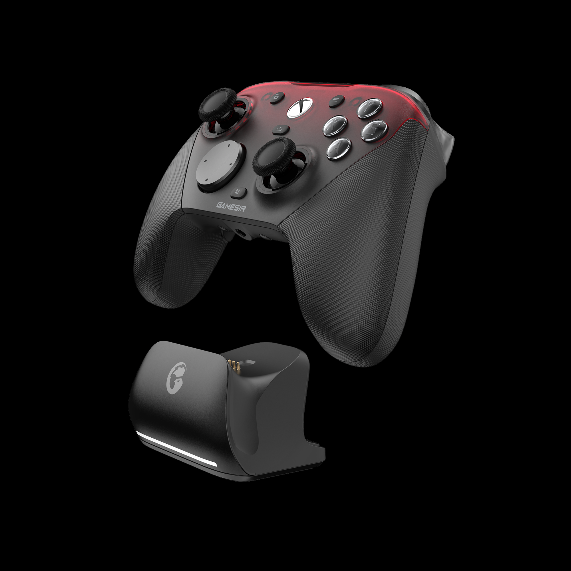 Ein schwarzer und grauer GameSir-Controller mit Ladestation auf schwarzem Hintergrund. Der Controller hat rote Akzente.